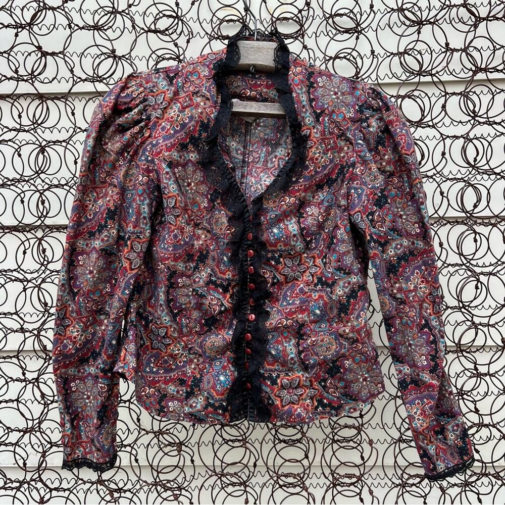 80s Circle T Victorian dark paisley lace trim puff sleeve western blouse shirt
